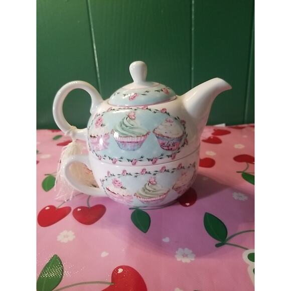 Summer River Floral/Cupcake Teapot with Stackable Tea Cup For One w Lid - Picture 2 of 6